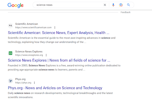 Example of Google's search results for the query "science news"
