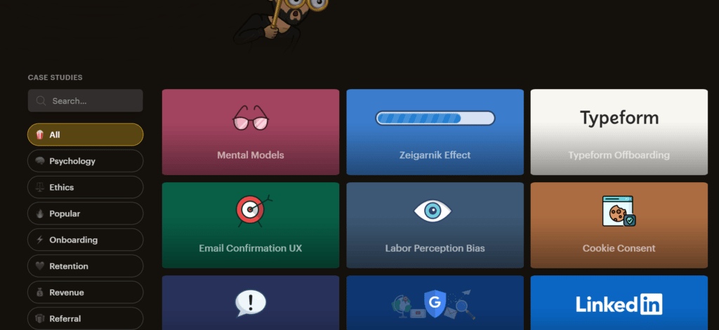 Growth Designs intuitive user interface, with list of categories of case studies on the left and case studies tiled on the right