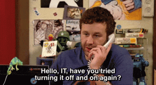 IT Crowd scene "have you tried turning it off and on again?"