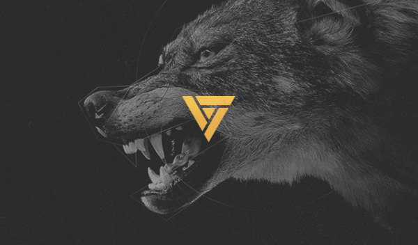 Wolf in Black and White With Yellow Logo In The Center
