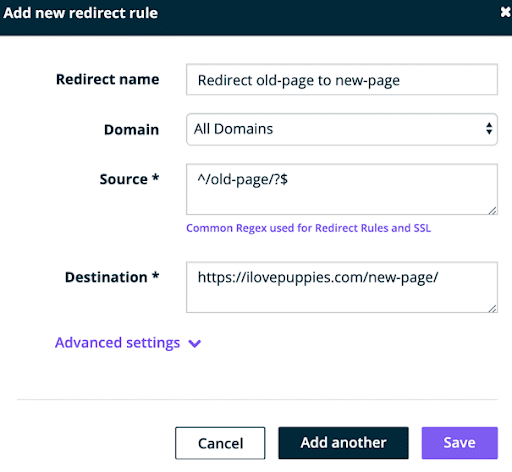 Example of how to make a redirect using regex