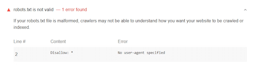 Example of an incorrect robots.txt, it shows the file blocking all search engines from crawling it by adding a Disallow rule with an asterisk