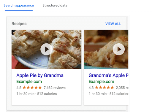 Google's example of how they would display rich results for recipes on pages with structured data